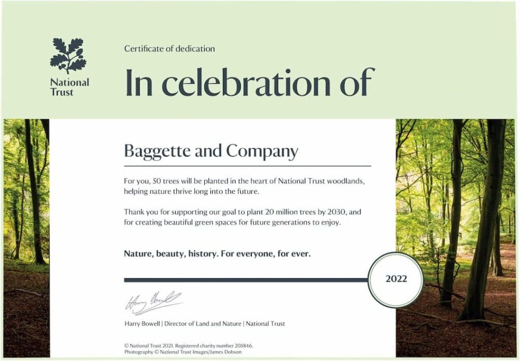 Certificate of dedication to Baggette and Company, from the Woodlands Trust.
