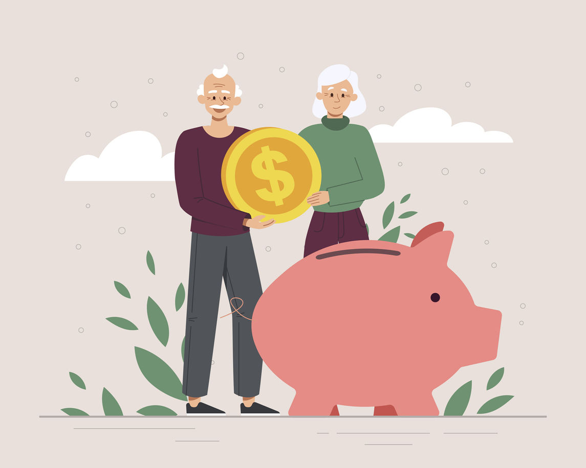 Pension fund savings. Elderly couple puts coins in piggy bank.
